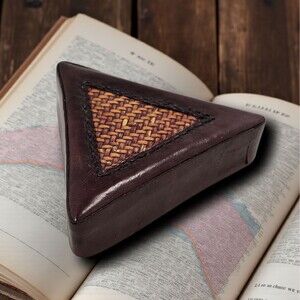 Handmade Leather Triangle Trinket Jewelry Box Woven Lid Indonesia 5" Gift